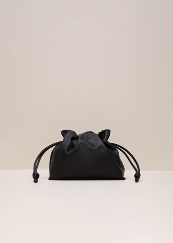 Phase Eight Black Leather Drawstring Soft Pouch Bags Black Canada | OQKPJS-931